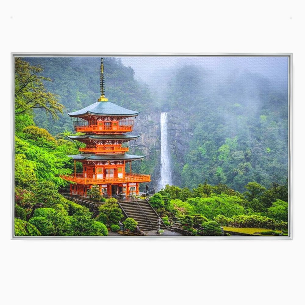 Tablou canvas cu tablou canvas cu pagoda si cascada, in rama de aluminiu argintiu